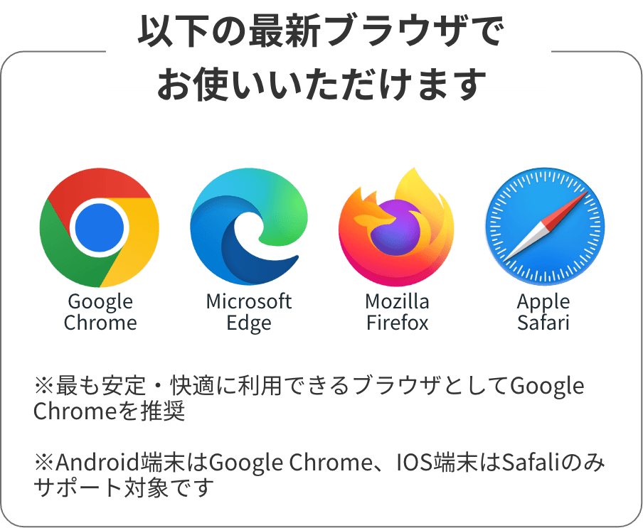以下の最新ブラウザでお使いいただけます Google Chrome/Microsoft Edge/Mozilla Firefox/Apple Safari